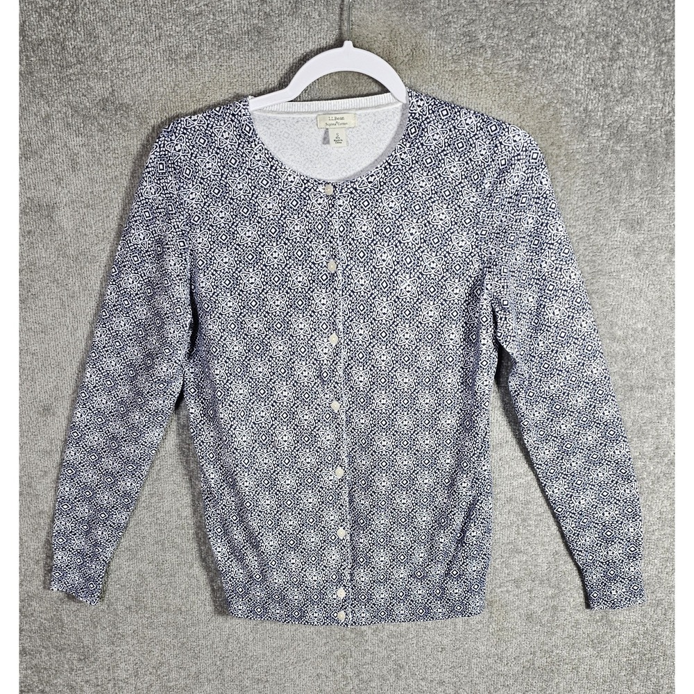LL Bean Supima Cotton Cardigan Womens Size Small Blue White Geometric Button Up
